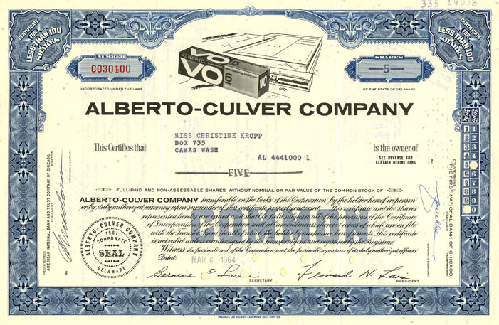 Alberto-Culver Co. - Stock Certificate